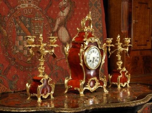 fig 2. ***** SOLD ***** Rococo Red Veneer and Ormolu Clock Set by Japy Freres French - Circa 1880 